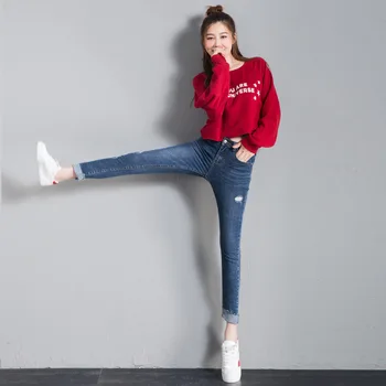 

2019 Spring And Summer New Korean-style with Holes Jeans Women's Stretch Ankle-length Straight-leg Pants T9077