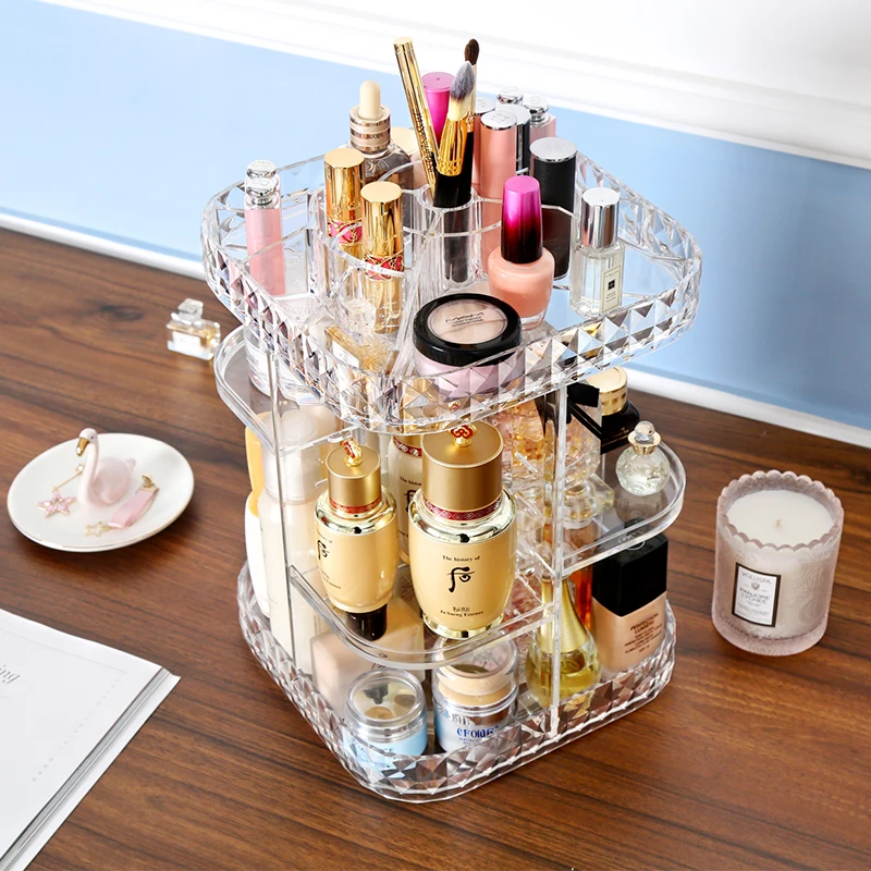 360 Degree Rotation Transparent Acrylic Cosmetics Storage Box Fashion Spin Multi-function Detachable Makeup Beauty Organizer