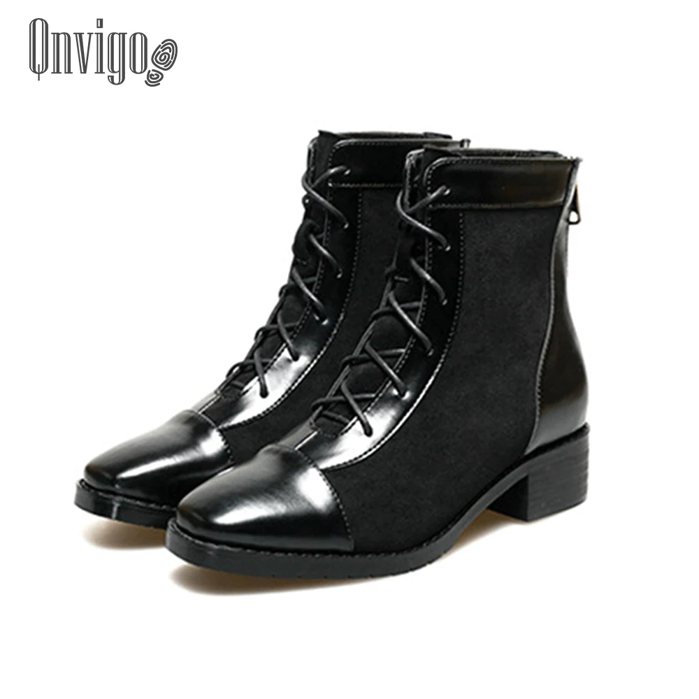 

Qnvigo Womens Boots Ankle Sexy Punk Dark Zipper Lace Up Leather Elegant Fur Warm Black Mid Heel Boots Female 2020 Hot Sale