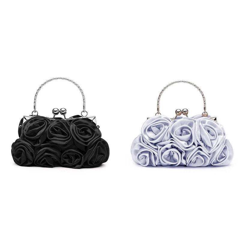 

2Pcs Floral Ladies Clutch Bag Women Evening Party Bag Prom Bridal Diamante Baguette - Silver & Black