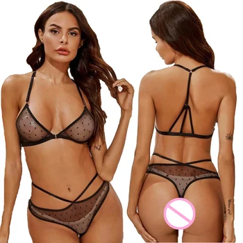 

Wholesale Sexy underwear set Breathable bralette with sexi underpants Polka Dot Sheer Mesh Lingerie Set Invisible bra for women