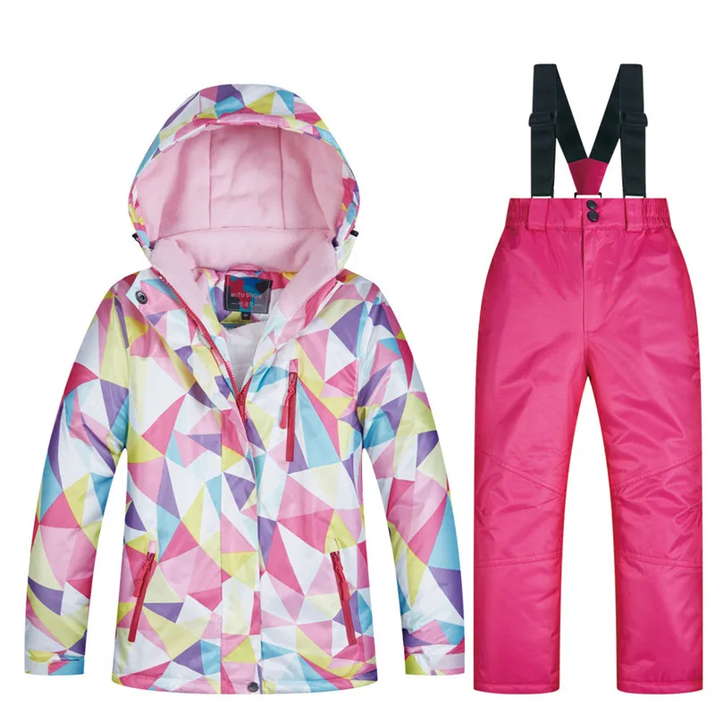 

Winter Kids Sport Set Ski Suit for Children Print Flower Hooded Children Down Suit Snowboard Jackets + Pants Two Piece Clothes