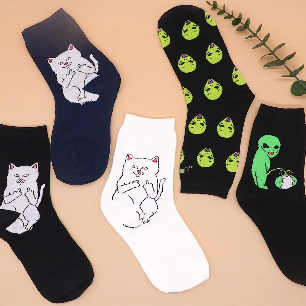 Модные удобные теплые хлопковые носки унисекс с рисунком кота из мультфильма; сезон осень-зима; вечерние носки на Хеллоуин