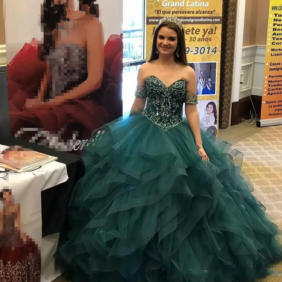 Зеленый Зеленые пышные платья, фатиновые платья с бисером, Vestidos De 15 Anos, милые платья 16 лет - Цвет: Зеленый