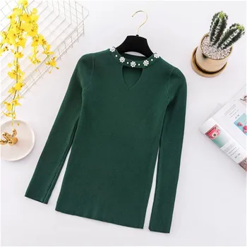 

Sweater Women 2020 Autumn Winter Casual Solid Color V-Neck Long Sleeve Coat Crochet Red