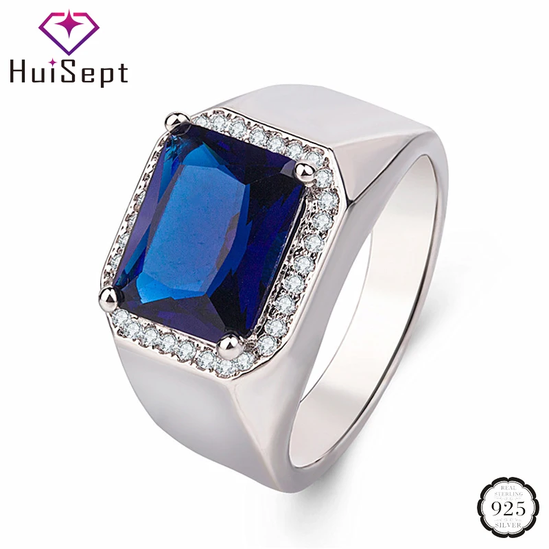 

HuiSept Classic Silver 925 Jewelry Ring for Male Geometric Shape Sapphire Zircon Gemstone Open Ring Wedding Party Gift Wholesale
