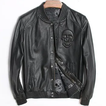 

Mens Sheepskin Coat Motorcycle Real Genuine Leather Coat Bomber Jacket For Men Stand Collar Fashion Baseball Skull Male Korean