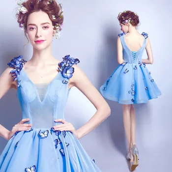 

BGW Blue Organza Sleeveless A Line V Neck Mini Homecoming Dresses Lace Up Backless With Butterfly