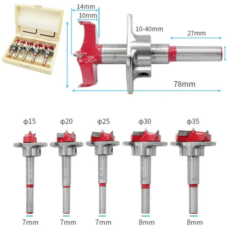 

5PCS Woodworking Positioning Hole Saw Kit 15-35mm Cemented Carbide Drill Bits Set Flat Wing Drill Hole Opener Woodworking Tool