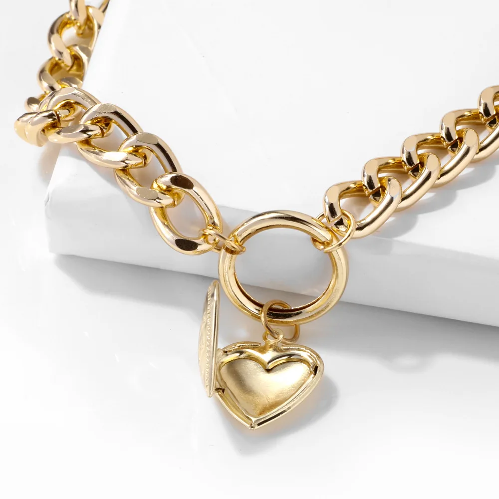 Преувеличенное панк золотое сердечко серебряного цвета подвеска большая цепочка ожерелье s для женщин уличный стиль многослойное массивное ожерелье