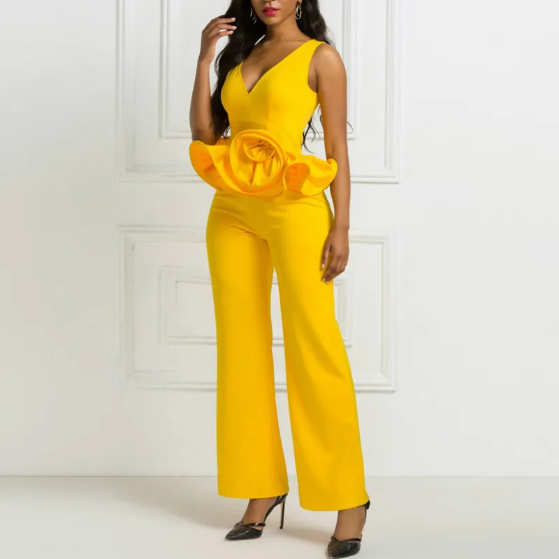 Yellow Jumpsuits Deep V Neck Flower Ruffles Sleeveless Sexy Women