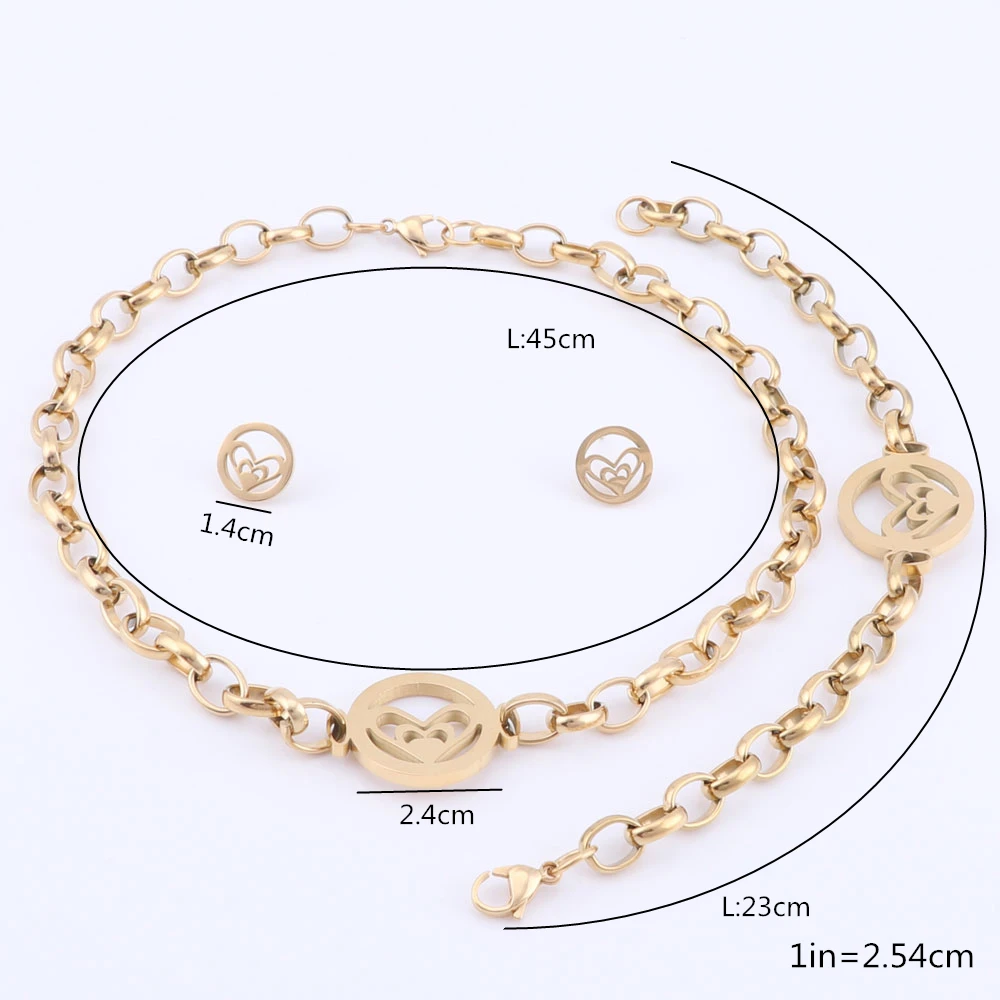 Trendy Women Stainless Steel Heart Necklaces&Pendants Earring Bracelet Wedding Gifts Jewelry Set