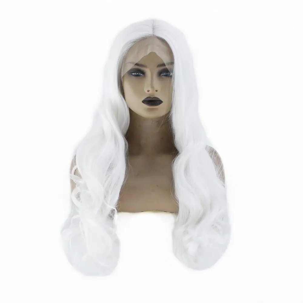 

Fashion White Glueless Long Natural Wavy Middle Part Synthetic Lace Front Wigs For Women Half Hand Tied Heat Resistant 22 Inch
