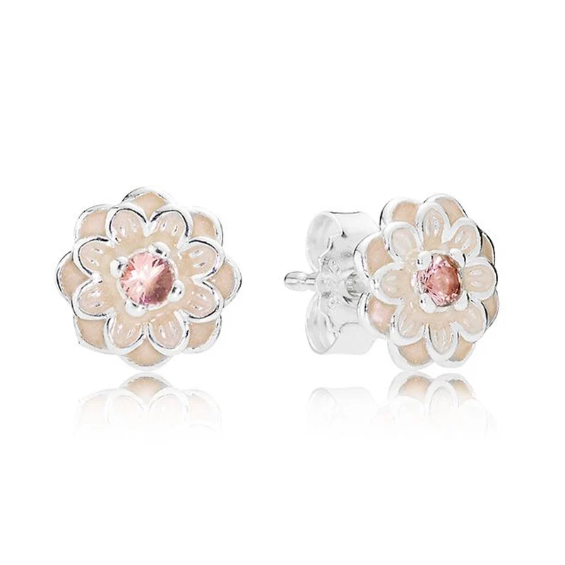 gucci earrings Magnolia Bloom With White/Pink Enamel 925 Sterling Silver Earrings Studs For Women Wedding Party Gift DIY Europe Jewelry jewelry accessories 925 Silver Jewelry