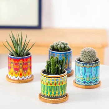 

Cylindrical Succulent Planters Mini Plant Container Ceramic Flowerpot Bonsai Pots Mandala Pattern Planter for Office Store Home