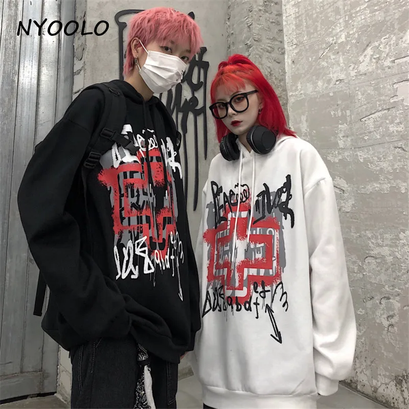 NYOOLO, Ретро стиль, уличные граффити, крест, принт, утолщенные, теплые толстовки, Осень-зима, пуловер с капюшоном, плюс бархат, Толстовка для женщин и мужчин