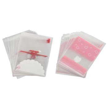 

200 Pcs Cute OPP Self Adhesive Cookie Bakery Candy Plastic Bag, 100 Pcs Bowknot Design & 100 Pcs Heart + Lace Design