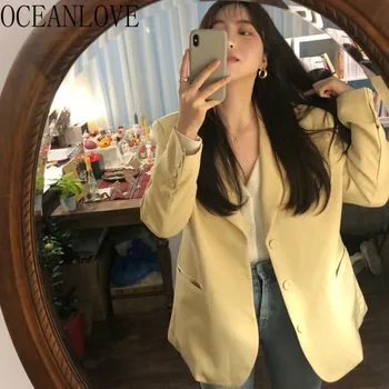 

OCEANLOVE Yellow Women Blazers Sweet Korean Autumn Clothing Elegant Office Lady Ropa Mujer 2020 Work Mujeres Abrigos 17420