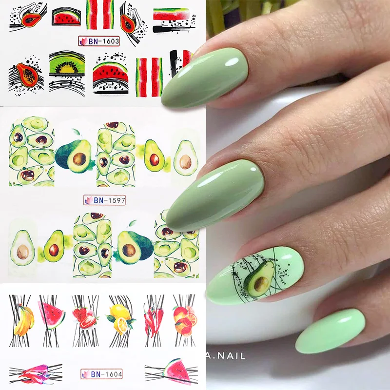 Nail Stickers Nail Decals Nail Art Decoration 1PC Avocado/Watermelon/Orange Nail Stickers Summer Fruit Leaves Transfer Decals Sliders For Nails DIY Decoration Manicures