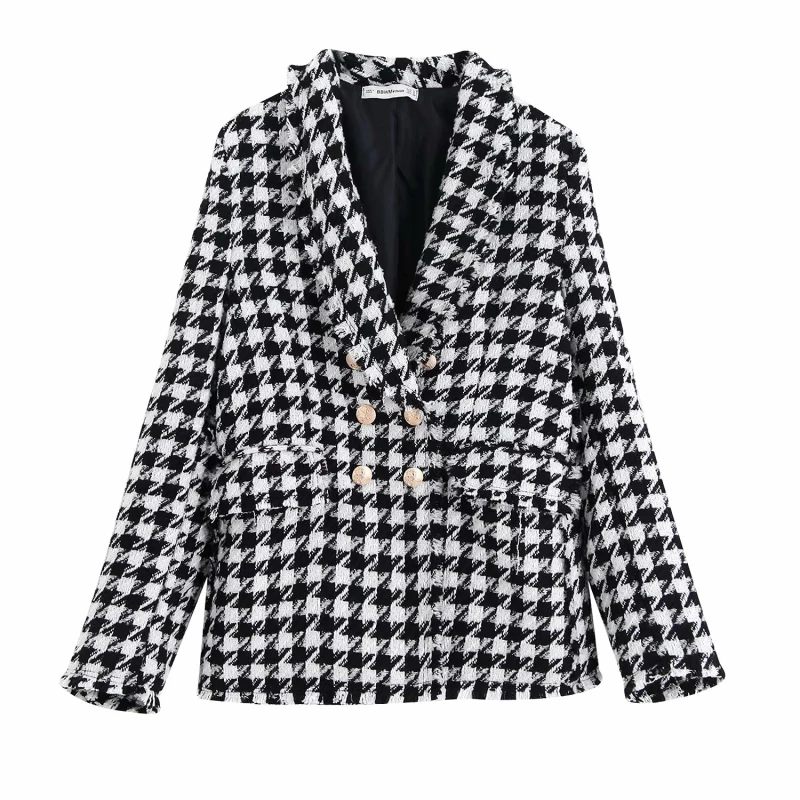 

Vintage Women Houndstooth Plaid Tweed Jacket Fashion Za 2019 Double Breasted Pocket Long Sleeve Female Coat Casaco Femme