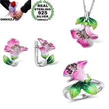 OMHXZJ,, JE43, Модный женский подарок на вечеринку, день рождения, свадьбу, цветок, 925 пробы, серебряное ожерелье+ серьги+ кольцо, ювелирный набор