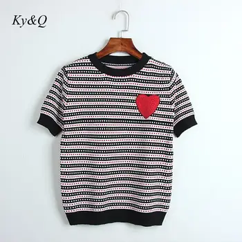

2020 Spring Summer Fashion Striped Women Love Patchwork Beaded Slim O-neck Knit Elegant Pullover Short Sleeve Sweater Clothes