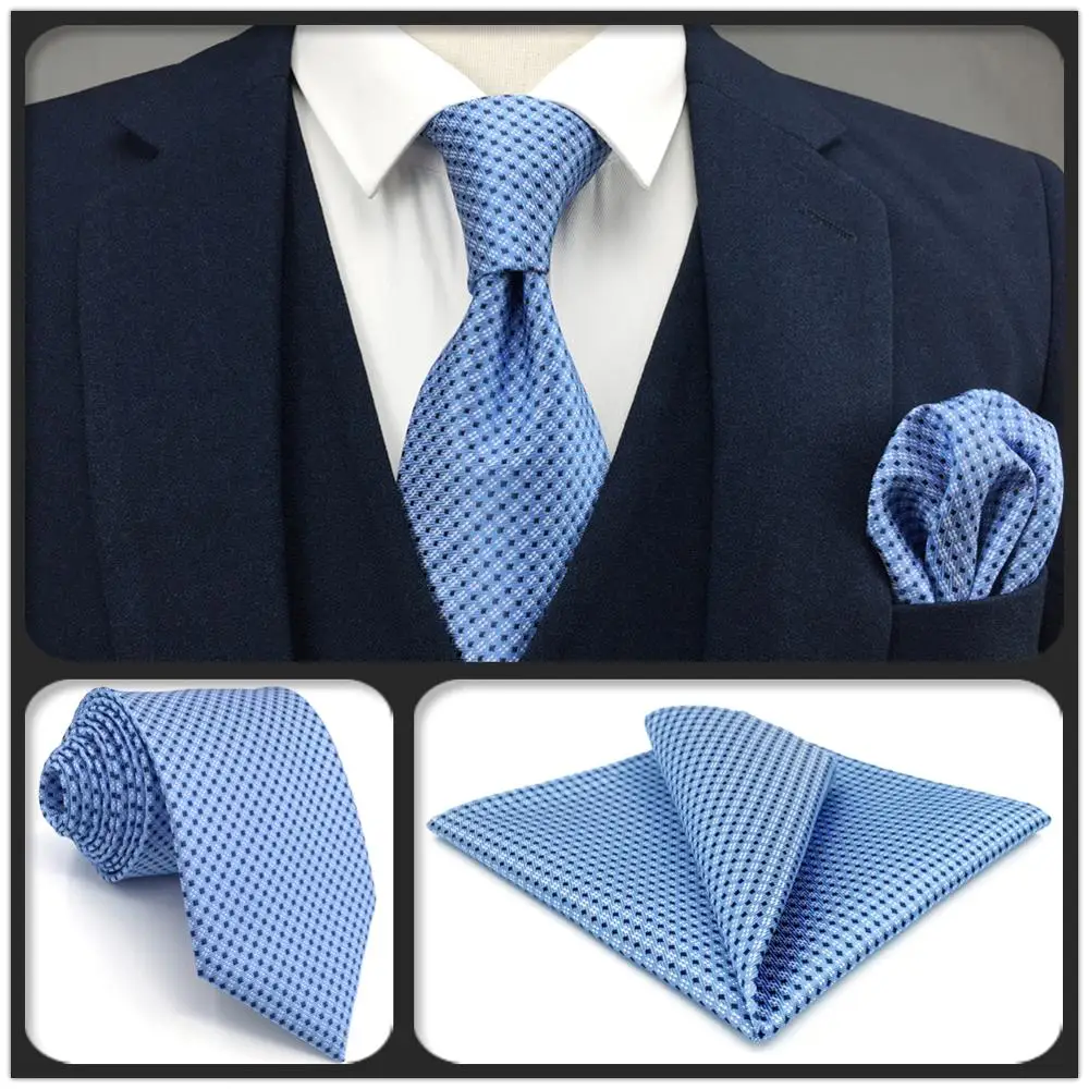 Tie Pocket Square Blue Multi Polka Set 100% Silk Wedding Necktie Hanky 