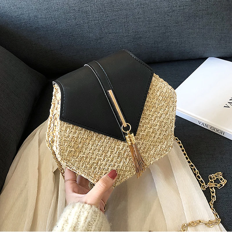 Соломенная кожаная сумочка в богемном стиле для женщин модная летняя плетеная