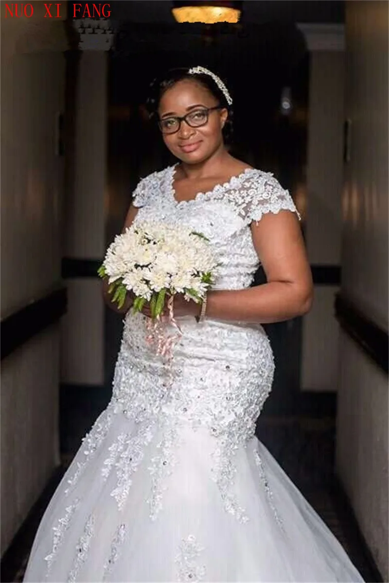 

New African Wedding Dress Mermaid Lace Appliques Beaded suknia slubna Open Back Bridal Wedding Gowns Plus Size Vestido De Noiva