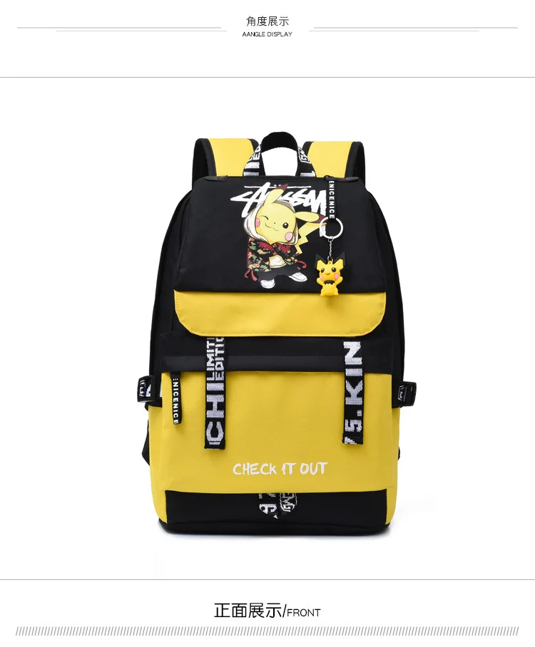 Action Large Pikachu Backpack with USB Charge Line Student Schoolbag Cute Cartoon Pikachu Couple Bags Quality Canvas Bag Gift