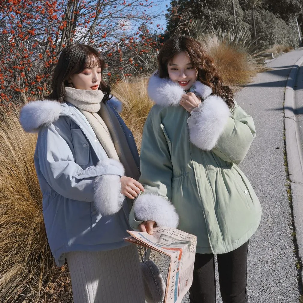 

Photo Shoot Main Push in Qing Light Blue Mid-length Hooded Large Fur Collar Drawstring Waist Hugging Short-height Workwear Cotto