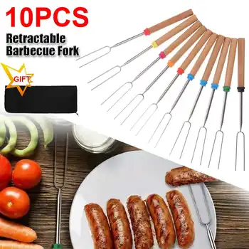 

10pcs Roasting Fork Stick Stainless Steel Wooden Handle Telescoping Skewer as Grilling Tools for Home, Kitchen, Backyard BBQ