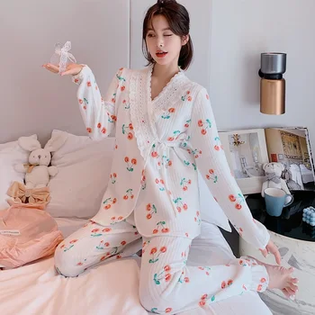 

Autumn Winter Sweet Cotton Pajamas For Women Cherry Print Lace Lace-up Top Pants Two-piece Loose Plus Size Casual Home Sleepwear