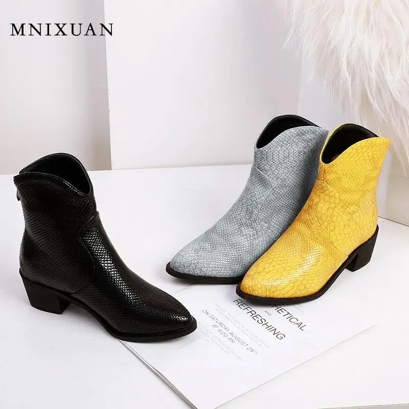 

MNIXUAN Fashion boots 2019 pointed toe Spring Autumn Square High Heels Ankle Boots Snake Print Block Heel zipper yellow boots