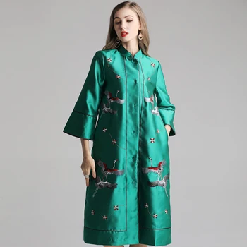 

Chinese Style Crane Embroidery Long Trench Coat Autumn Flare Sleeve Vintage Coat Women Casual Solid Cheongsam Overcoat S-XXL
