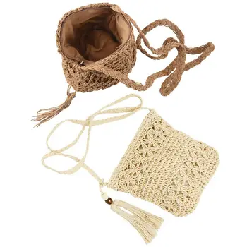 

2pcs Women Messenger Bags Hollow Out Woven Single Shoulder Crossbody Tassel Beach Casual Straw Bag - Light Brown & Beige