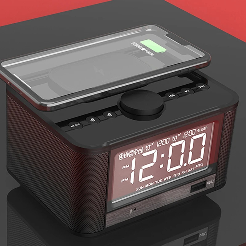 Беспроводная зарядка Будильник Bluetooth динамик fm радио со светодиодным дисплеем