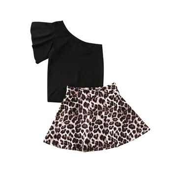 

1-6Y Toddler Baby Girls Clothes Sets Casual Kids Girls Black Summer Short Sleeve One Shoulder Tops+Leopard Print A-line Skirts