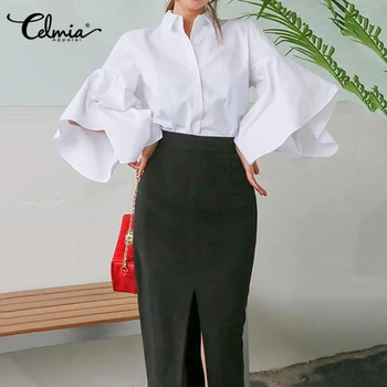 

Women Fashion Flare Sleeve Blouses Celmia 2020 Asymmetrical Tops Casual Solid Ruffles Shirt Plus Size Elegant Loose Blusas Mujer