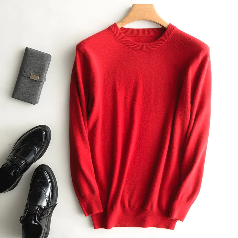 Зимний толстый мужской свитер из чистого кашемира, вязаный пуловер с длинным рукавом и круглым вырезом, повседневный теплый мягкий вязаный джемпер - Цвет: Красный