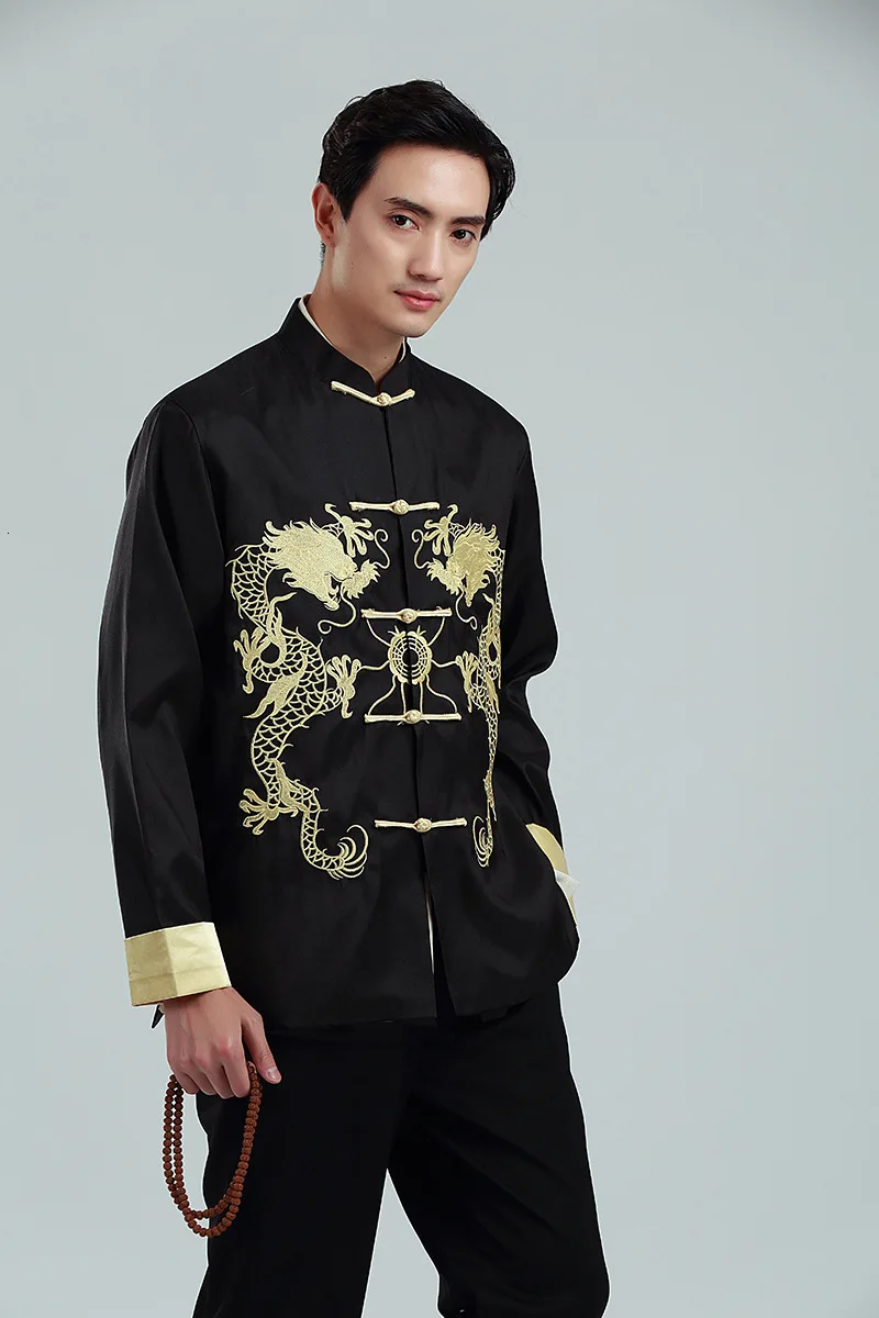 Мужской Традиционный китайский дракон вышивка костюм Тан Восточная футболка