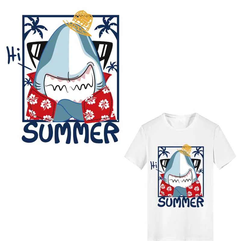 Summer Shark Patch Iron-on Transfers for Clothing DIY T-shirt Applique Heat Transfer Vinyl Letter Stickers on Clothes | Дом и сад