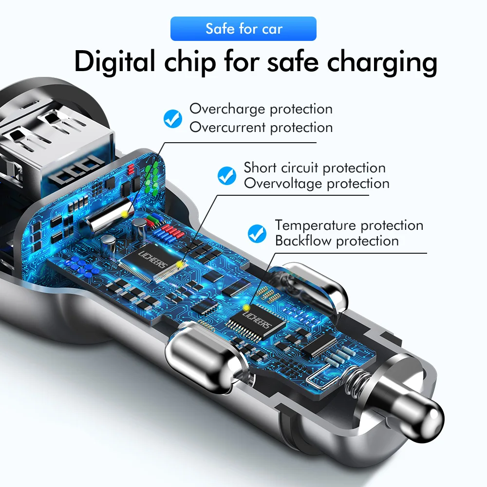 Автомобильное зарядное устройство Licheers с двумя usb-портами, 12 В/3,4 А, цифровой экран, металлический чехол, зарядное устройство для мобильного телефона, для iPhone, USB, быстрое зарядное устройство, адаптер