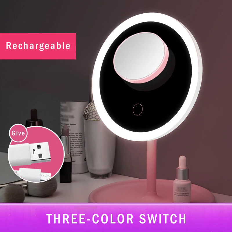 

Desktop Table Round Vanity Makeup Mirror with Light Led 3 Color Cosmetic Mirror Portable Compact Backlight Folding Small Mirrors