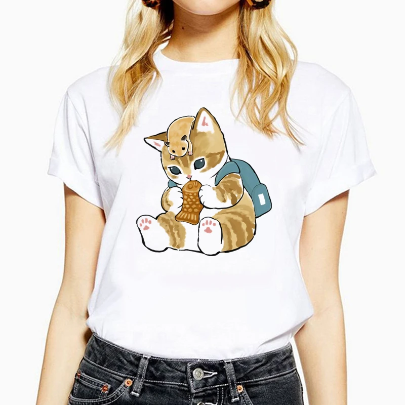 

Funny kitty Graphic Print Women t-shirts 5 colors Choose Summer Short Sleeve O-Neck Tops Tees kawaii Tee Shirt