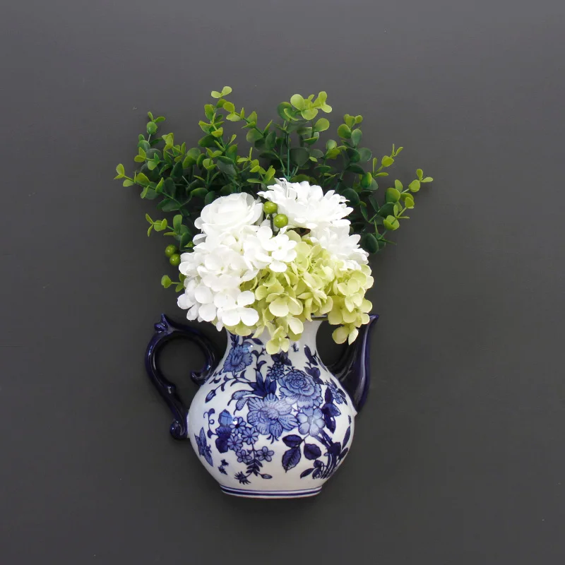 Teapot Shape Vase Metope Vase Ceramic Wall Hanging Flower Receptacle Jingdezhen Blue and White Porcelain Flower Vases 2