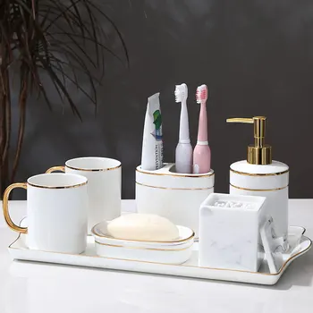

European Ceramic Luxury Bathroom Wash Six-piece Household Brushing Cup Toothpaste Holder Soap Dish Lotionbottle Bathroomset Gift