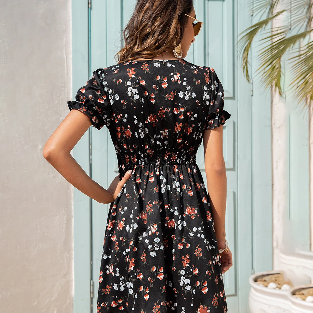 Women Short Sleeve Floral Mini Dress Casual Green Print Puff Sleeve Dresses Summer 2021 Ladies Sexy V Neck Button Beach Dress