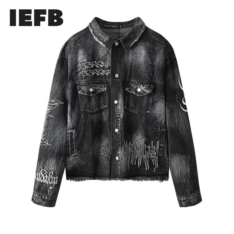 IEFB/мужская одежда Харадзюку Tide tie-dyed вышитая вымытая джинсовая куртка мужская ins