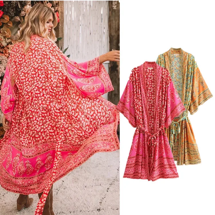 

2018 Retro Positioning Printed Kimono Cardigan Bohemian Style Lace-up Long WOMEN'S Dress